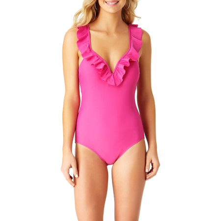 Time and Tru  Women's Solid Ruffle One-Piece Swimsuit