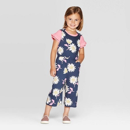 Cat & Jack Toddler Girls' Ruffle Sleeve Top and Floral Overall Set