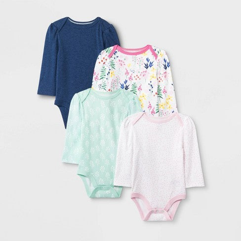 Cloud Island Baby Girls' 4pk Long Sleeve Wildflower Bodysuits