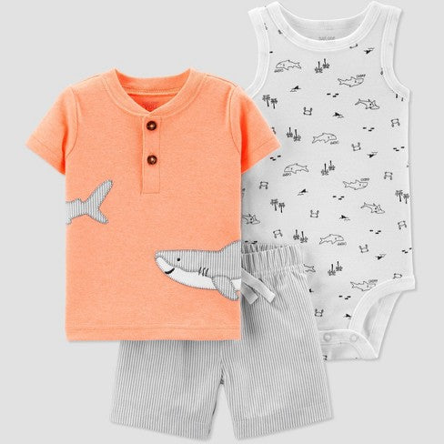 Carter's Baby Boys 3 piece Shark Embroided Top and Bottom Set