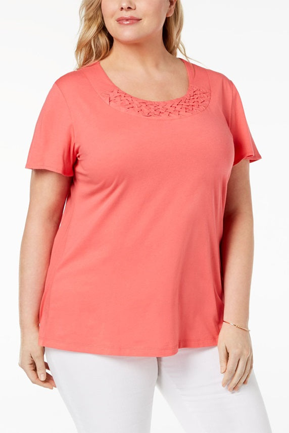 Karen Scott Womens Pink Basket Weave Short Sleeves T-Shirt Top