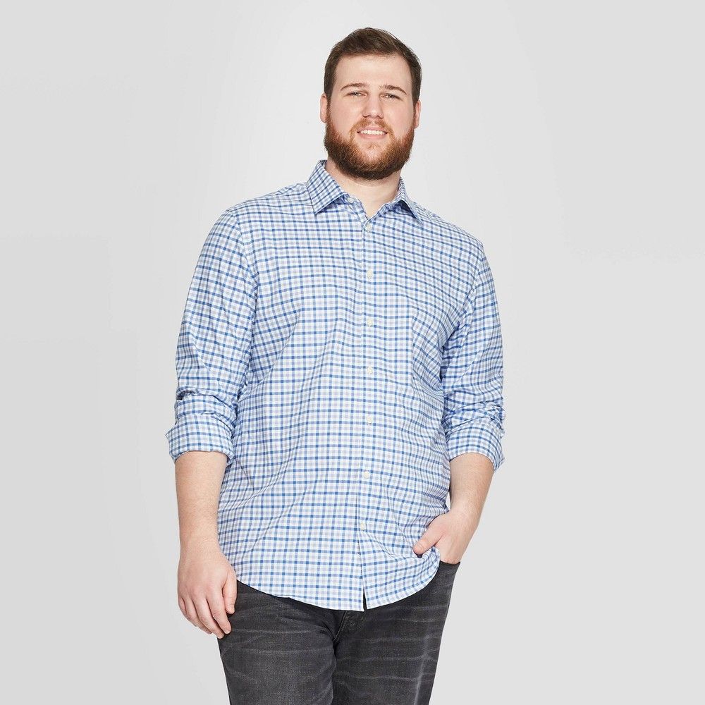 Goodfellow & Co. Men's Plaid Standard Fit Long Sleeve Dress Button-Down Shirt - Blue- L