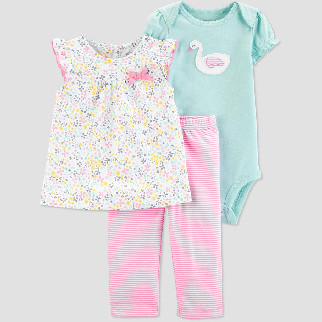 Carter's Baby Girls' 3 Piece Swan Floral Top and Bottom Set