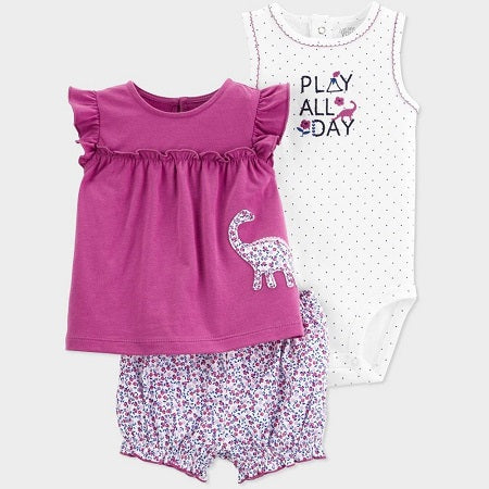Carter's Baby Girls' 3 piece Dino Embroided Top and Bottom Set