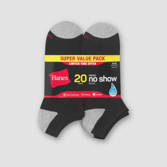 Hanes Men's No Show Super Value Socks 20pk - Black/Gray