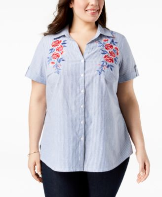 Karen Scott Plus Size  Woman Embroidered Button Down Shirt